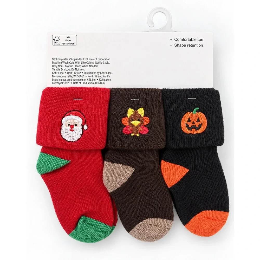 Jumping Beans Baby Holiday Socks 3 Pack 12-24M Pumpkin Turkey Santa NWT
